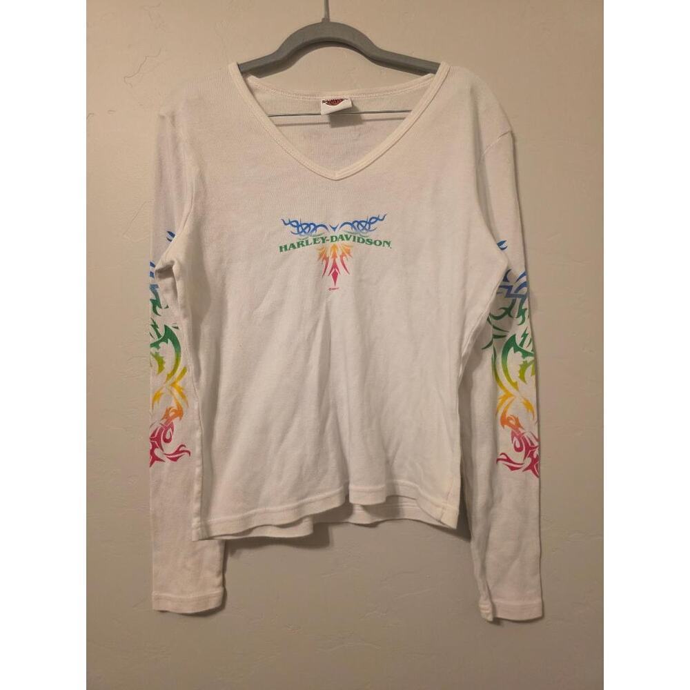 Harley Davidson Y2K Rainbow Flame Long Sleeve Tee V Neck L